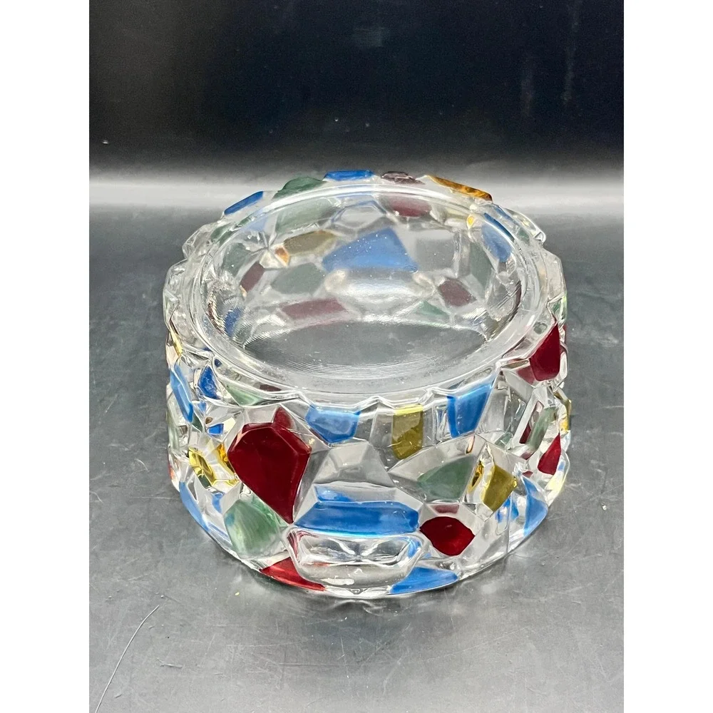 Vtg Heavy Crystal Mosaic Ice‎ Bucket Candy Dish Bowl 2 Handles Red, Green, Blue